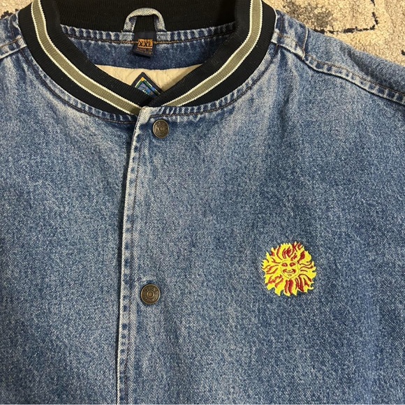 Vintage Denim Varsity Jacket with Beige Sleeves - Picture 3 of 8